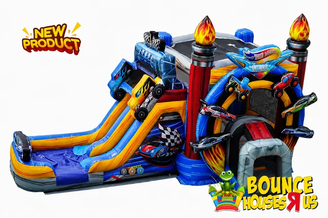 Monster Truck Race Car Bounce House with Double Lane Slide